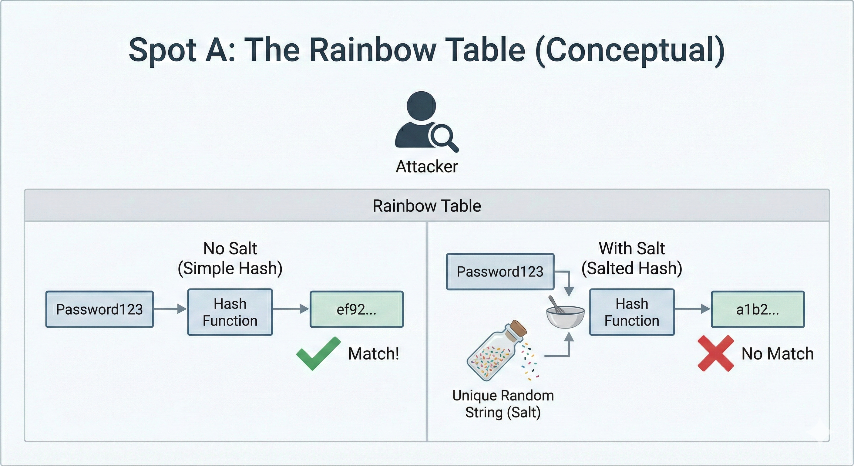 Visualizing how pre-computed hashes allow instant password lookups